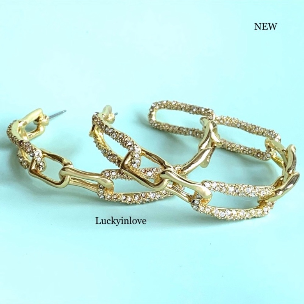 Alexis Bittar XL Golden Crystal Encrusted Textured Chain Link Hoop Post Earrings - Picture 5 of 16